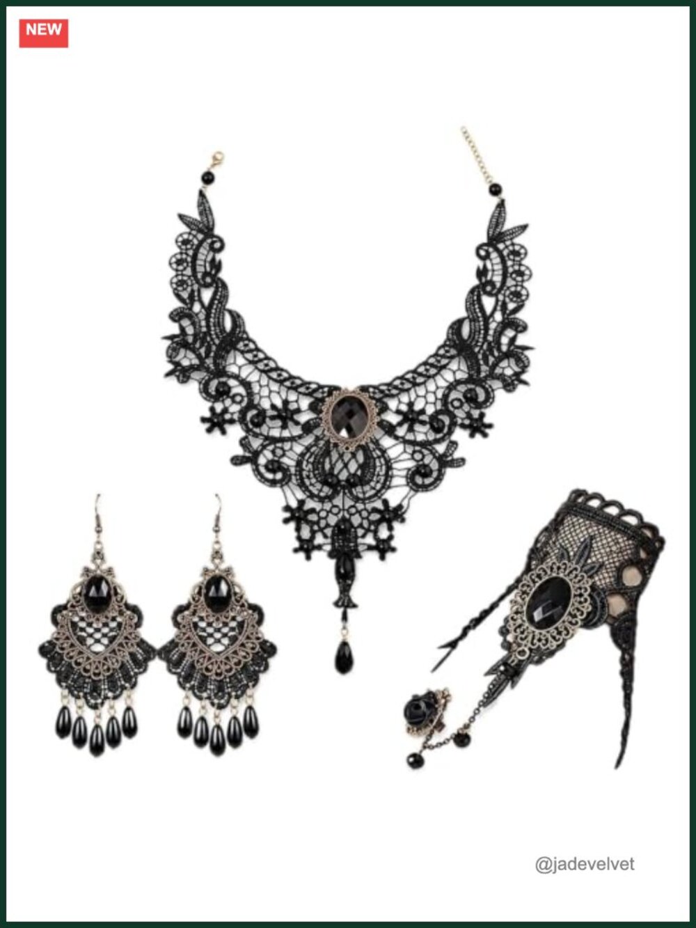 Gothic Lace Choker Necklace Earrings Bracelet Ring Set Witch Costume Jewelry